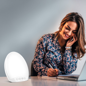 woman on laptop at desk with sunlamp