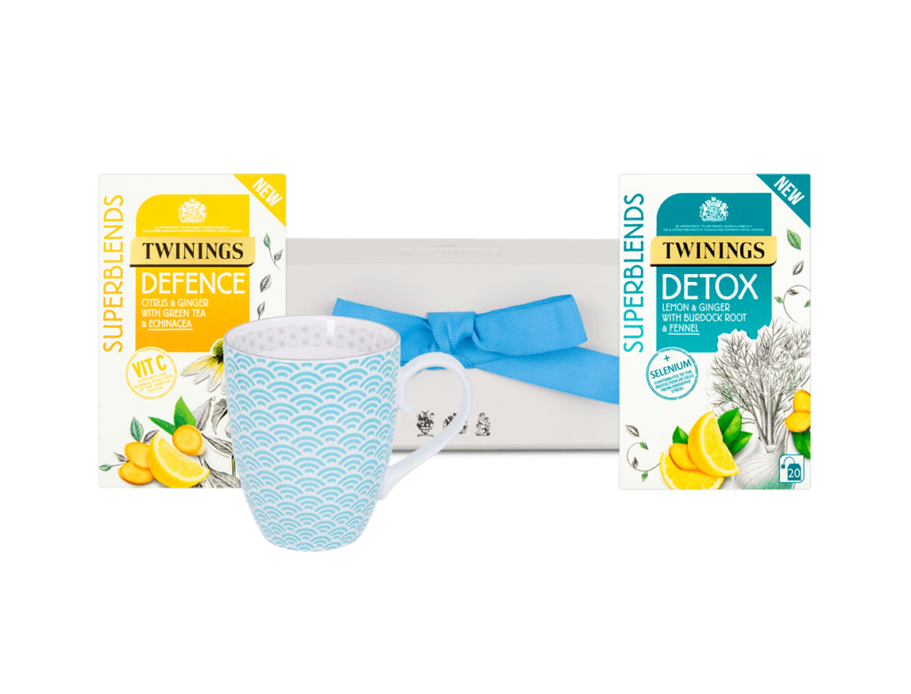 Twinings wellbeing tea set with mug, detox tea and defence tea